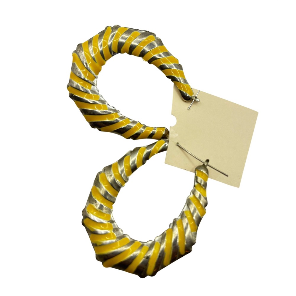 Vintage 80s 90s Hip Hop Yellow Enamel Silver Shrimp Door Knocker Hoop Earrings